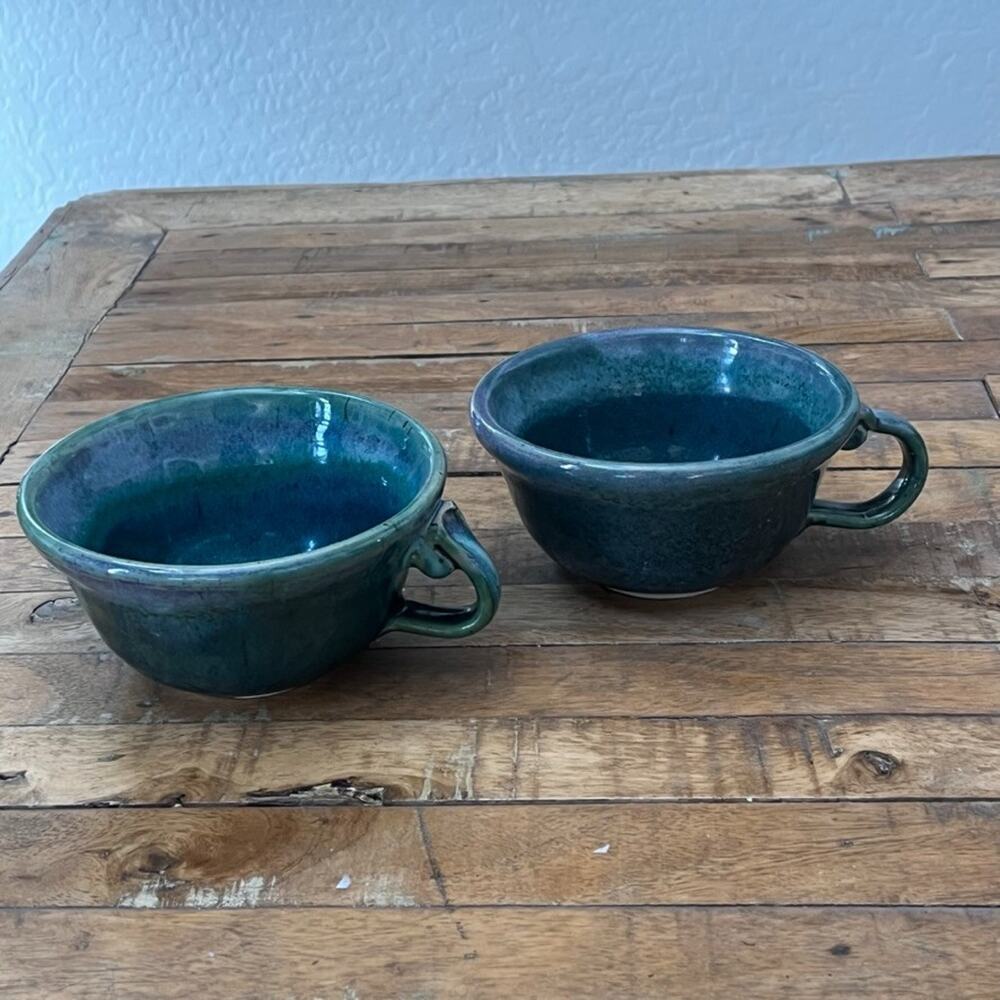 Art Studio Wheel-thrown Ceramic Soup Mugs Deep Teal Blue Speckled Glaze